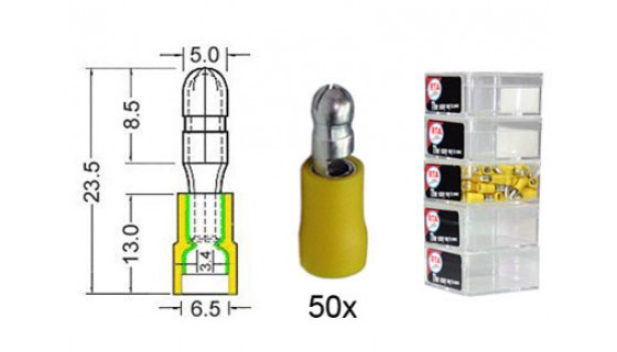 RTA 151.016-2 Rundstecker isoliert VINYL Doppelcrimp, 5,0 mm GELB im 50er Pack