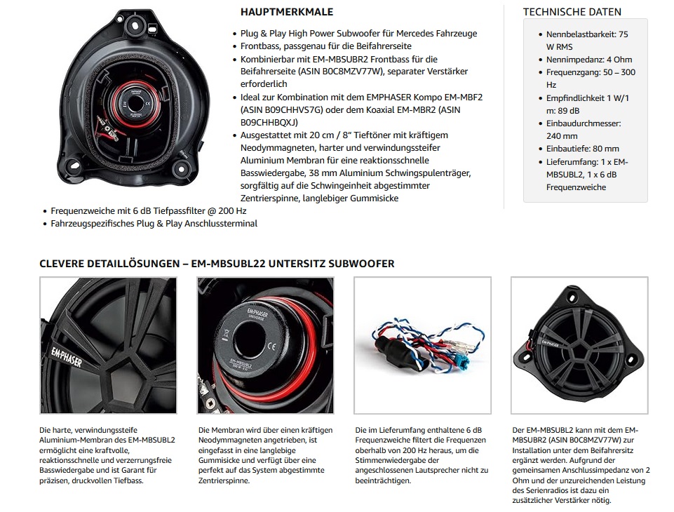 EMPHASER EM-MBSUBL2 Untersitzbass, Underseat Subwoofer kompatibel mit Mercedes Benz A205, C205, S205, W205, S213, W213, C238, A238, C253, X253 und W222