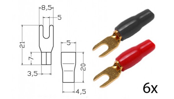 RTA 152.141-0 Bornes de serrage - fourche isolé, or, diam 4,0-6,0mm² 6x RED + 6x BLACK. 5mm