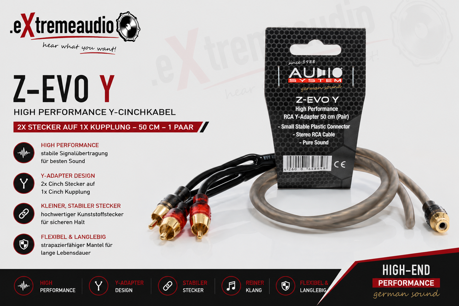 AUDIO SYSTEM Z-EVO Y HIGH-Performance Cinchkabel Y-Cinchkabel (2x Stecker und 1x Kupplung) 50cm 1 Paar