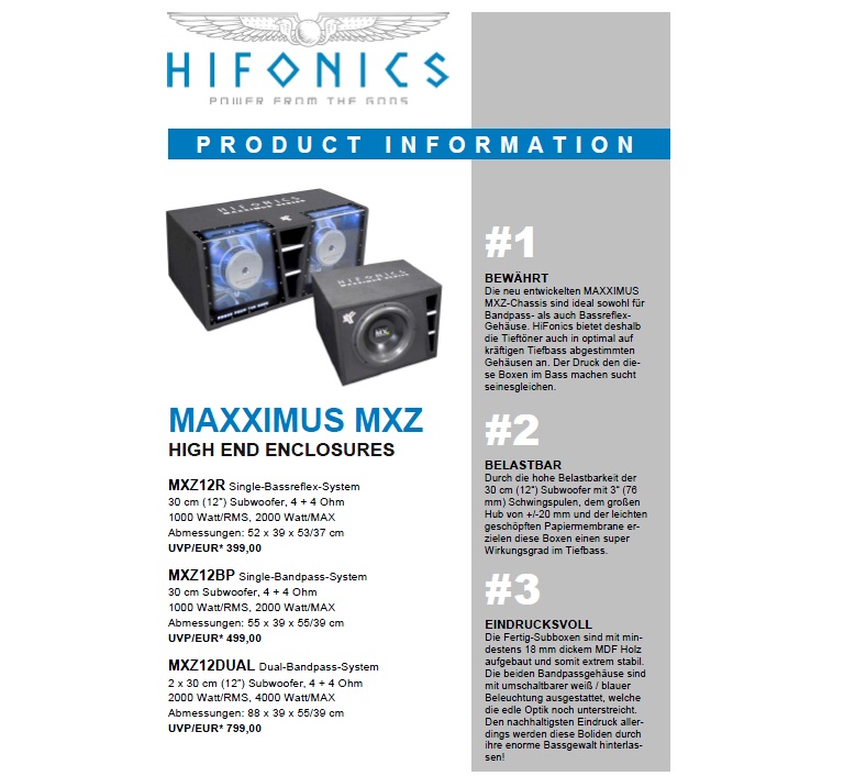 HIFONICS MXZ-12R Bassreflex Gehäuse-Sub Maxximus Z-Serie Bassreflexbox 30 cm MXZ12R