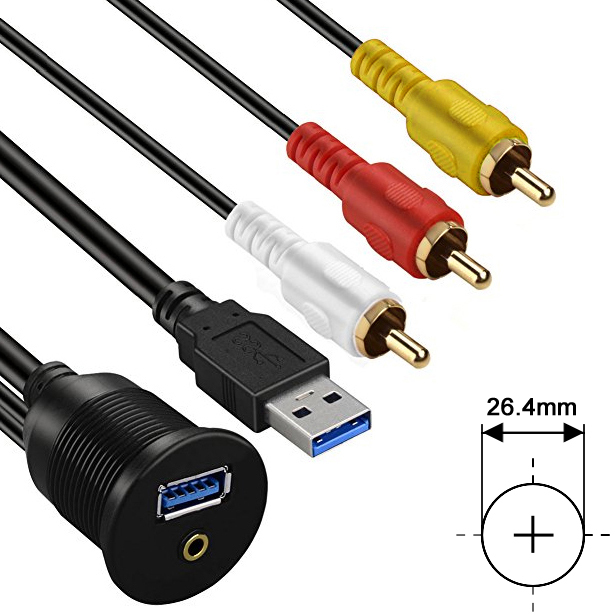 AMPIRE XUC200 USB/AUX Einbaubuchse mit 200cm Kabel, Cinch USB/AUX Verlängerungskabel