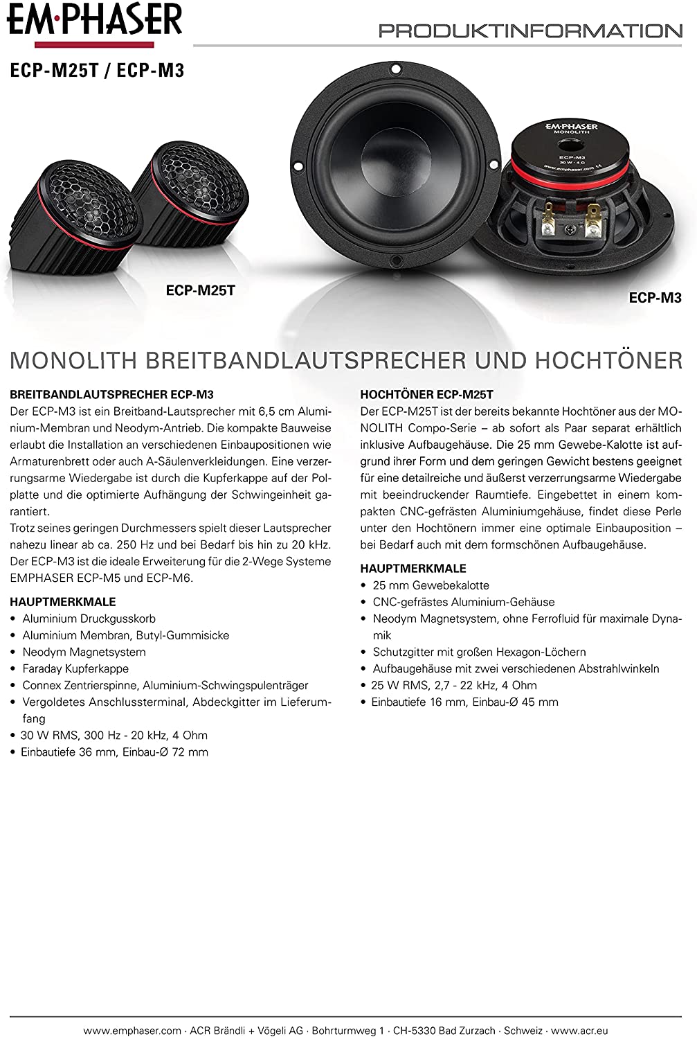 EMPHASER ECP-M25T Monolith 25 mm Hochtöner 1 Paar für Autos, Tweeter mit Gewebekalotte und Neodymmagnet 25 Watt RMS