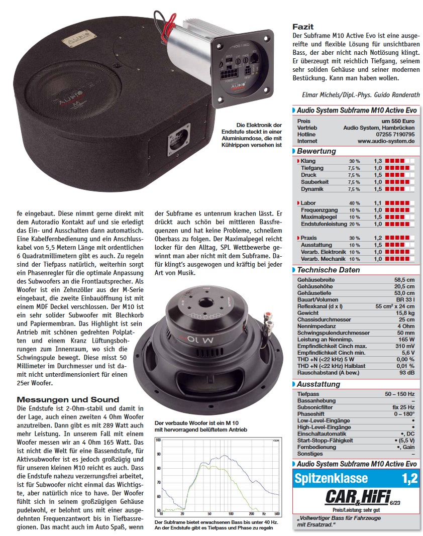 Audio System SUBFRAME M10 EVO ACTIVE 400 EVO Reserverad aktiv Subwoofer 400 Watt Bassgehäuse Bassreflexgehäuse mit M10 EVO + Verstärker + M-400.1 D