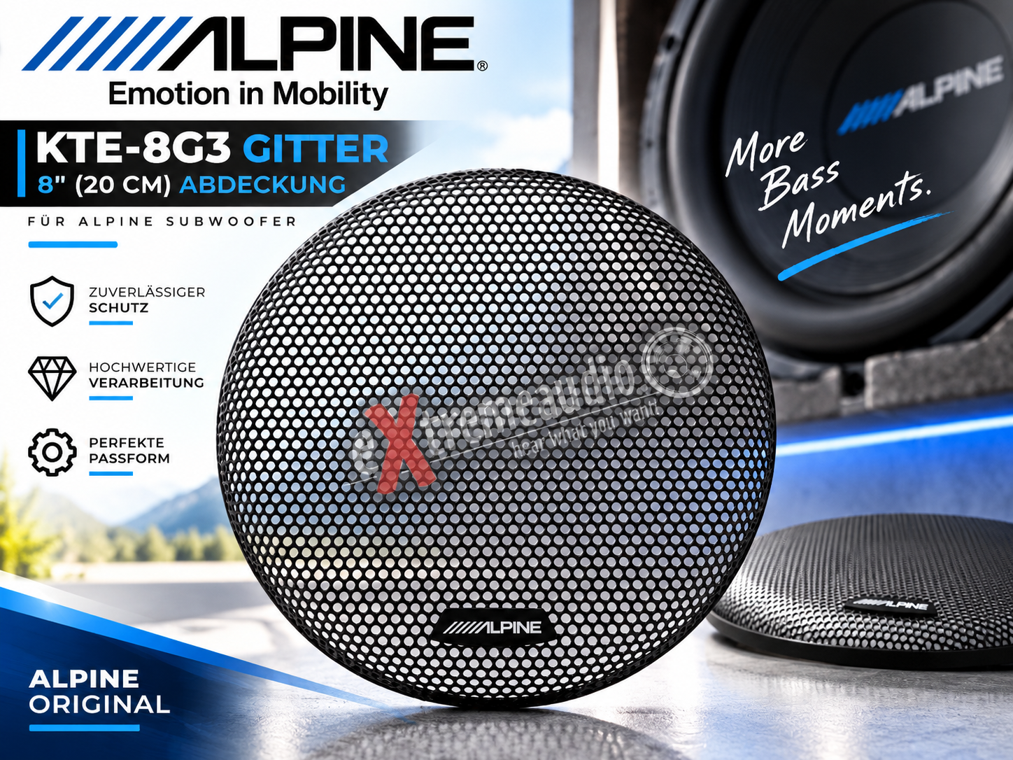 Alpine KTE-8G3 Gitter Abdeckung 8", 20 cm für Alpine Subwoofer R2-W8D4, R2-W8D2, S2-W8D4 und S2-W8D2   