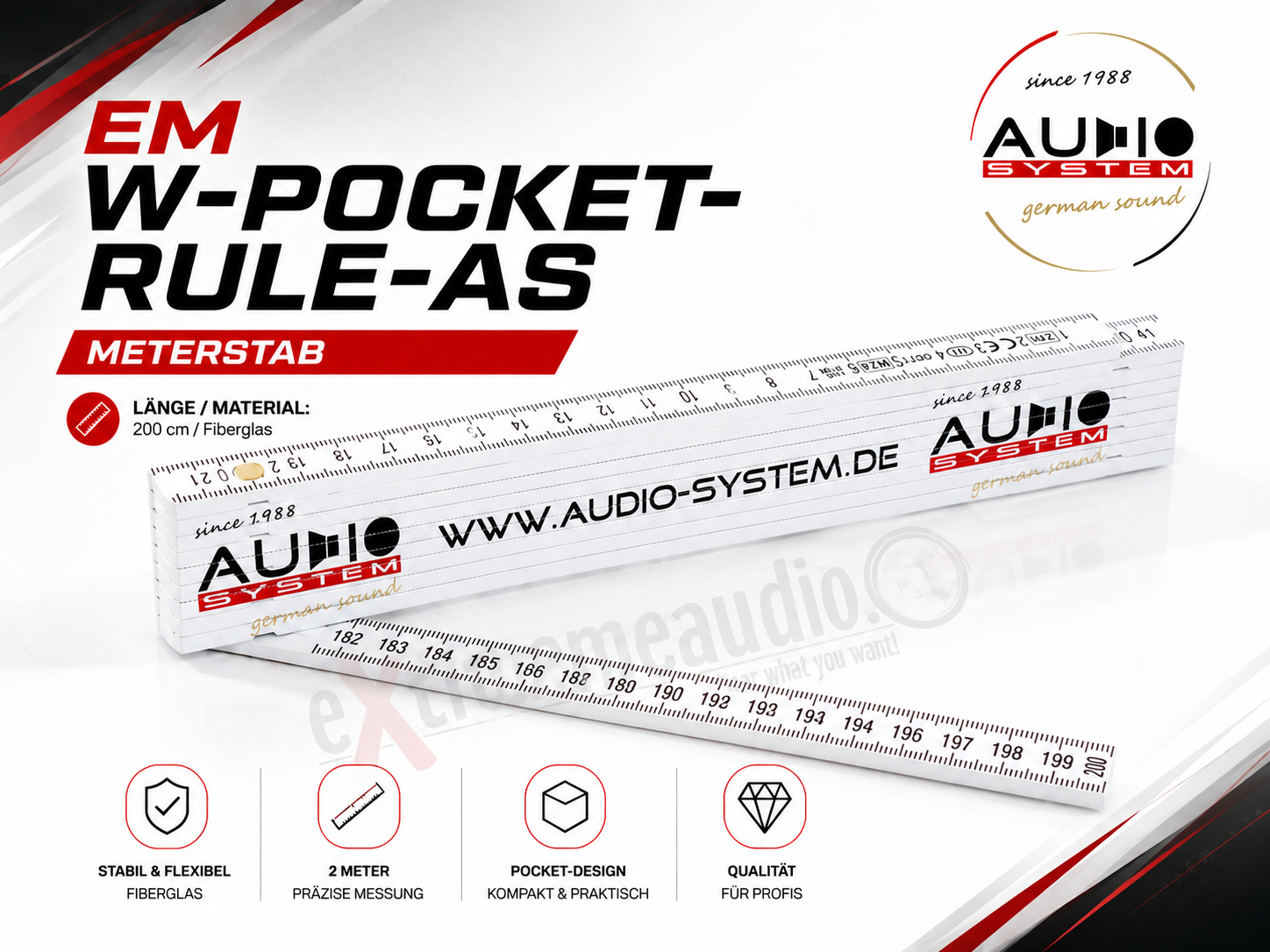 AUDIO SYSTEM W-POCKET-RULE-AS Meterstab 200 cm Fiberglas Zollstock, Metermaß, Klappmeter   