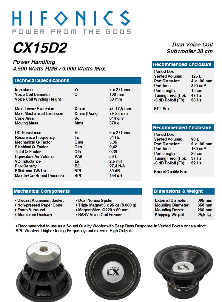 HIFONICS CX15D2 COLOSSUS SUBWOOFER 38 centimetri CX-15D2 9000 Watt