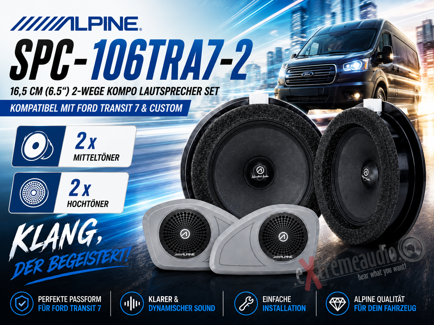 Alpine SPC-106TRA7-2 16,5 cm (6.5") 2-Wege Kompo Lautsprecher Set kompatibel mit Ford Transit 7, Transit 7 Custom, Transit 7 Custom Nugget und Tourneo 7 Custom