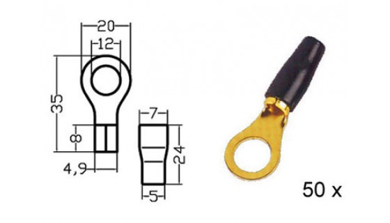 RTA 152.401-2 Klemm-Ringkabelschuh isoliert, vergoldet, 50x SCHWARZ 10mm² / 7AWG ring DU 13,0mm