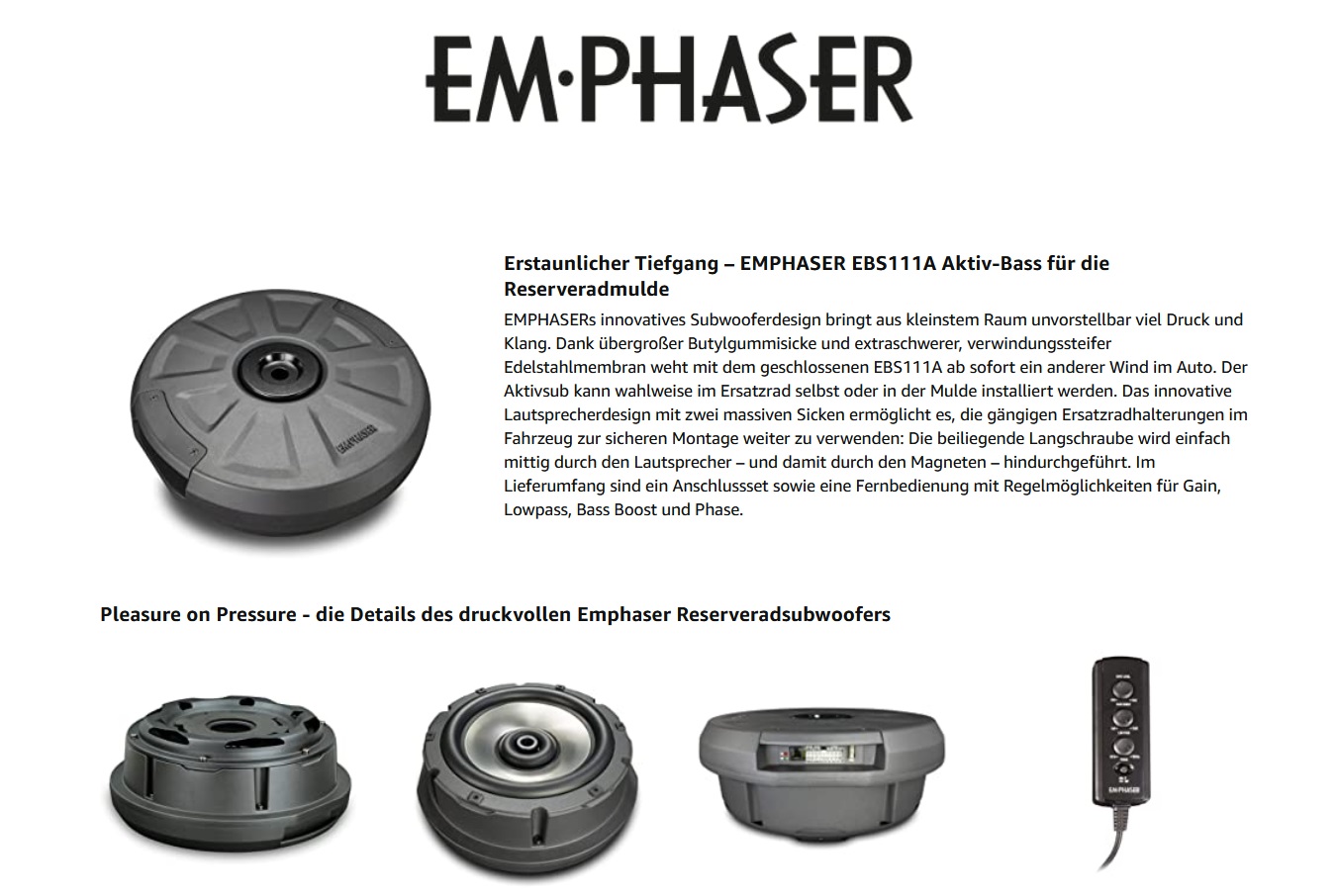 EMPHASER EBS111A Aktiv-Subwoofer 1 x 28 cm geschlossen Reserverad Subwoofer