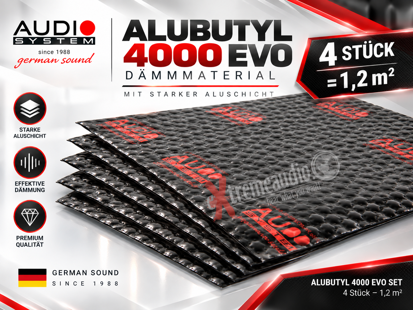 Audio System ALUBUTYL 4000 EVO SET Dämmaterial mit starker Aluschicht 4 Stück - 1,2 m²