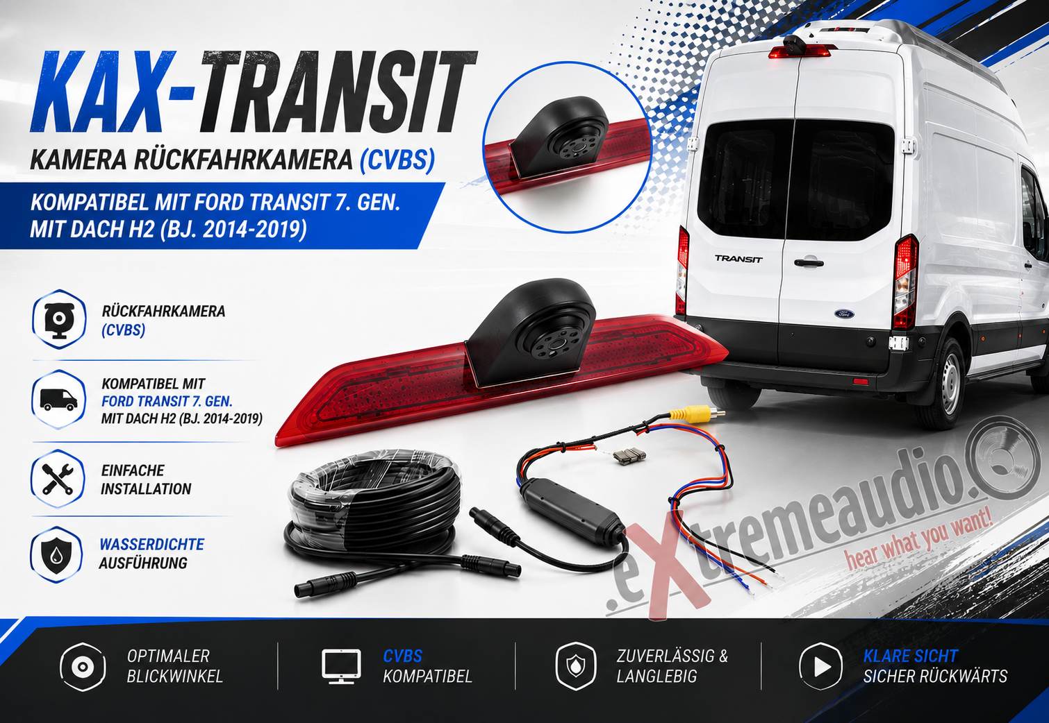 Ampire KAX-TRANSIT Kamera Rückfahrkamera (CVBS) kompatibel mit FORD Transit 7. Gen. mit Dach H2 (Bj. 2014-2019)