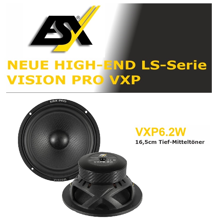 ESX SXE6.2W – 16,5 Cm Kickbass Middentoonluidspreker, 100W RMS, 3 Ohm, Met Papieren Membraan En Beschermrooster, Inbouwdiepte 55 Mm