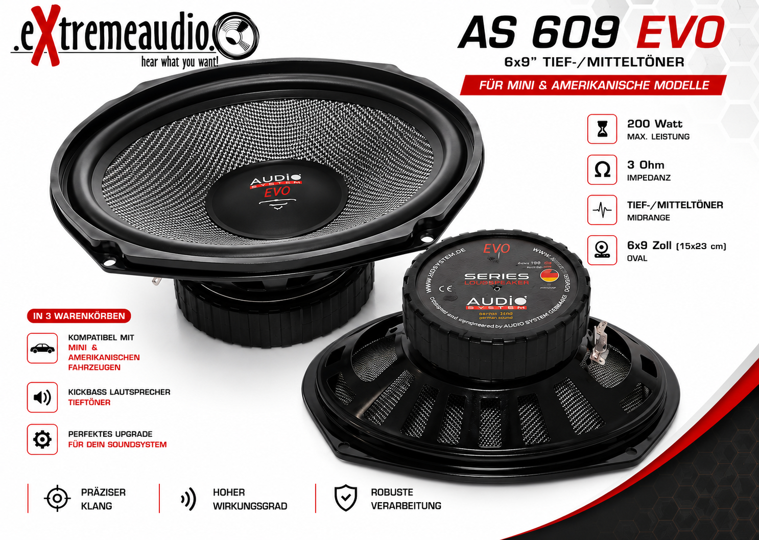 Audio System AS 609 EVO Lautsprecher für Mini und Amerikanische Modelle Tief / Mitteltöner / Midrange Lautsprecher 1 Paar