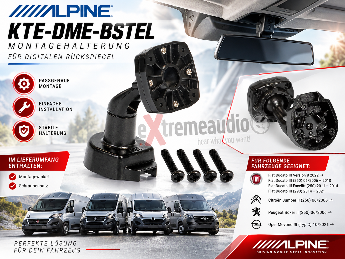 Alpine KTE-DME-BSTEL Montagehalterung für digitalen Rückspiegel kompatibel mit Fiat Ducato, Peugeot Boxer, Citroen Jumper, Opel Movano