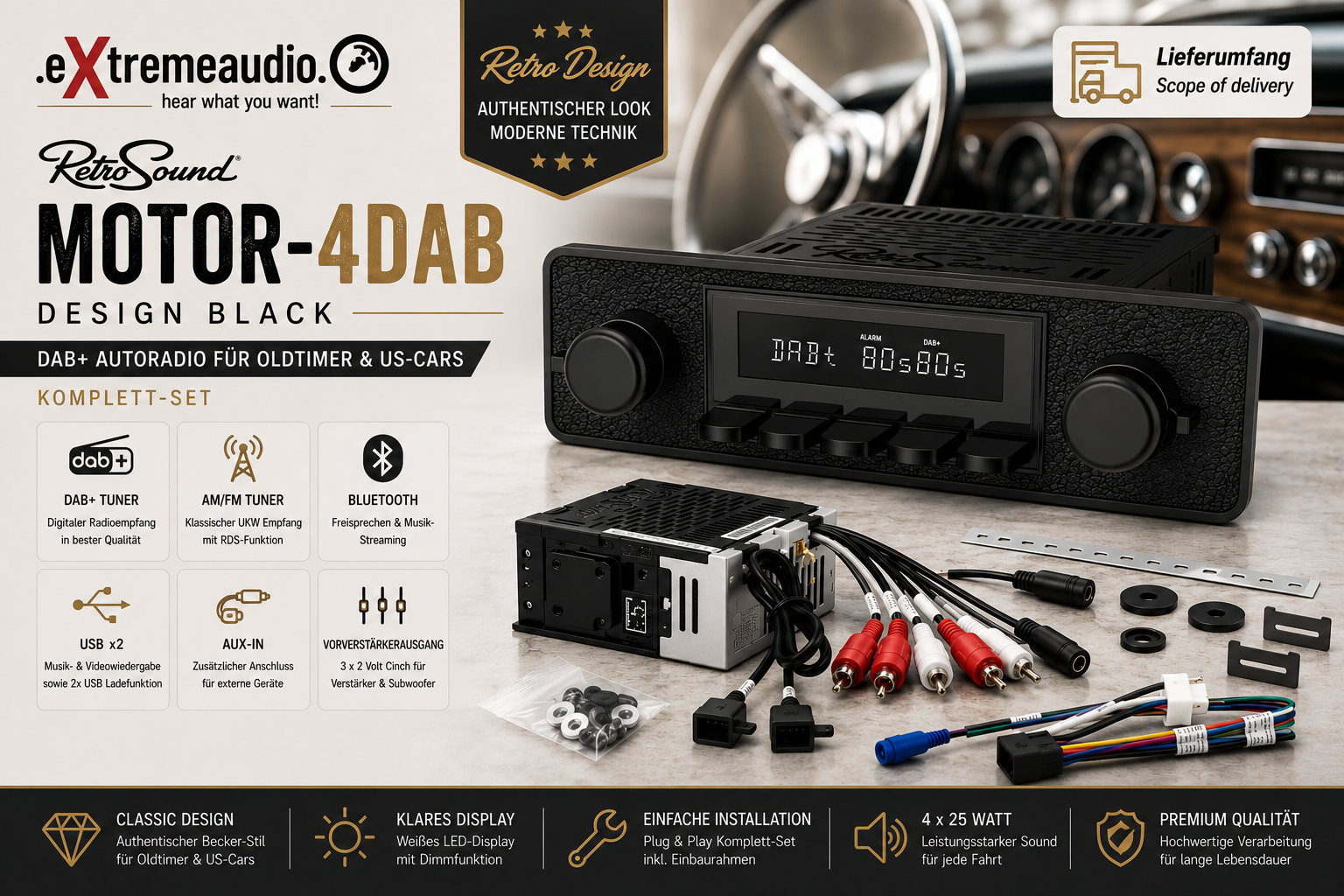 Retrosound MOTOR-4DAB Design Black DAB+ Autoradio für Oldtimer und US ...