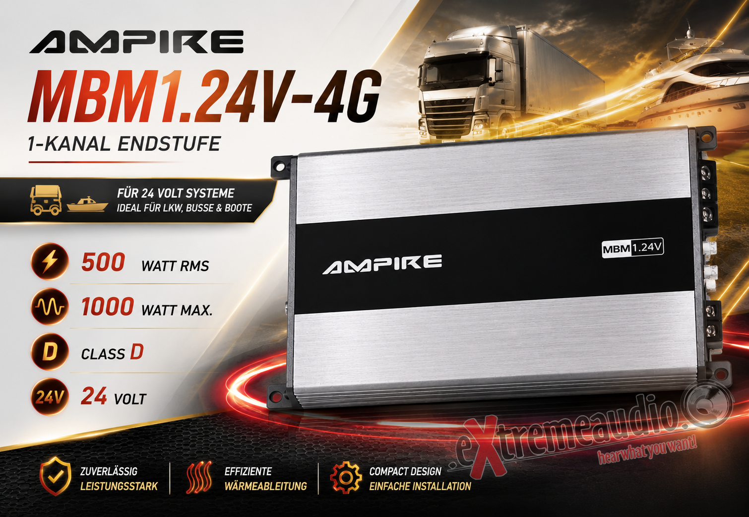 AMPIRE MBM1.24V-4G 1-Kanal Endstufe Verstärker 500 Watt, Class D, 24 Volt für LKW, Busse und Boote mit 24 Volt   