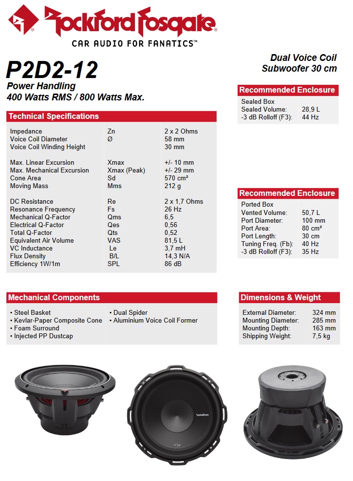 Rockford Fosgate P2D2-12 Punch P2 Subwoofer 30 cm (12") 400 Watt RMS 