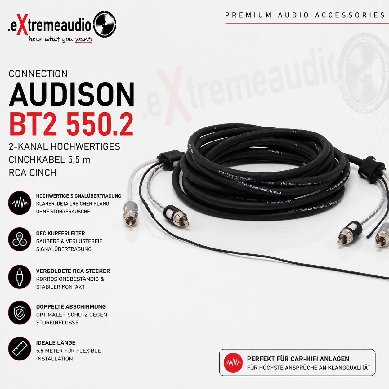 Connection Audison BT2 550.2 2-Kanal Hochwertiges Cinchkabel 5,5m , RCA Cinch
