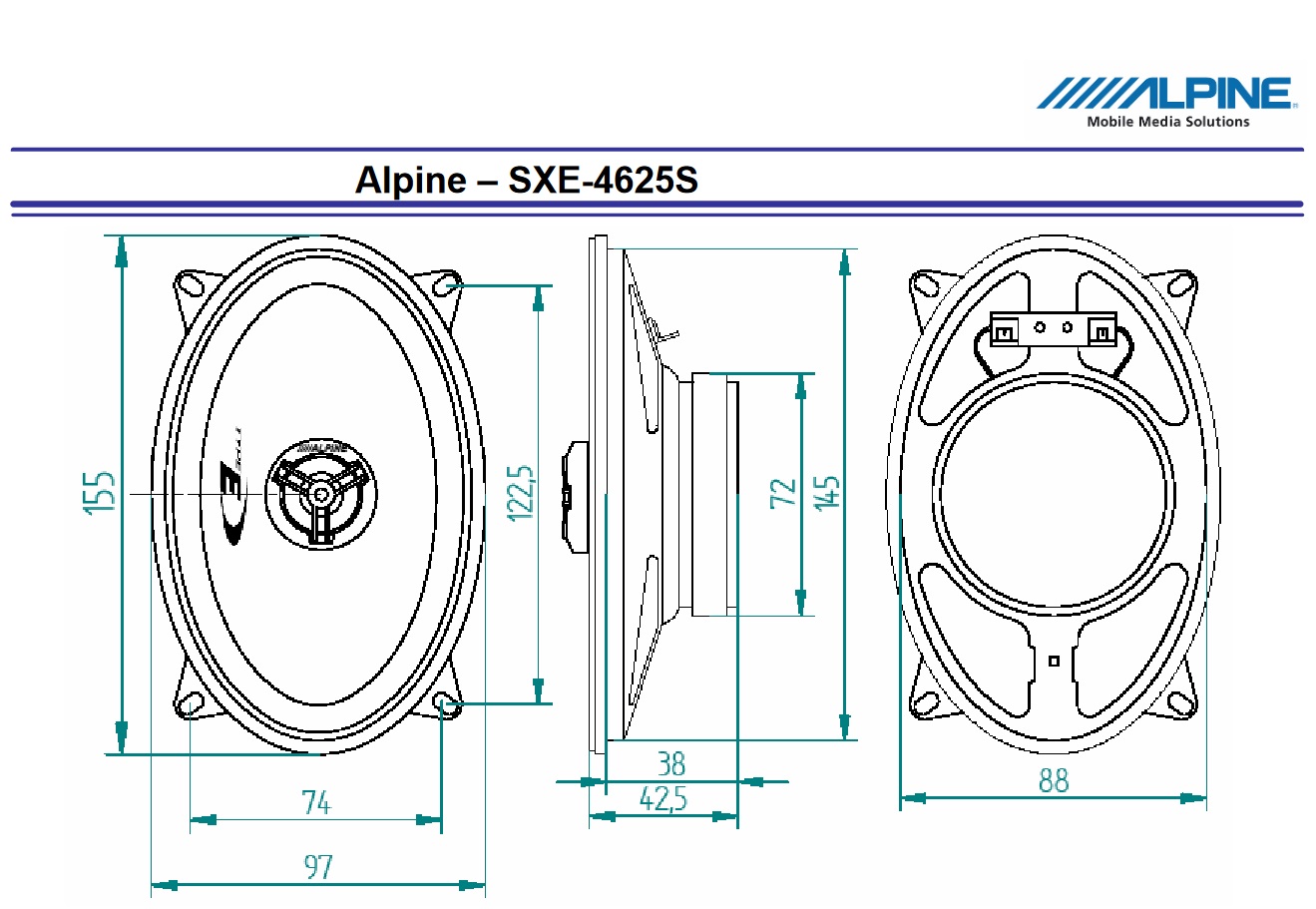 Alpine SXE-4625S 10 x 15 cm ( 4 x 6-Zoll) 2-Wege Koaxiallautsprecher 1 Paar Lautsprecher 150 Watt