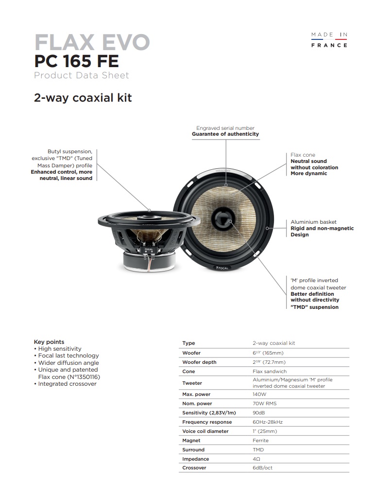 Focal PC165FE FLAX EVO-Serie 16,5 cm (6.5") 2-Wege Koax Lautsprecher Set 140 Watt - 1 Paar