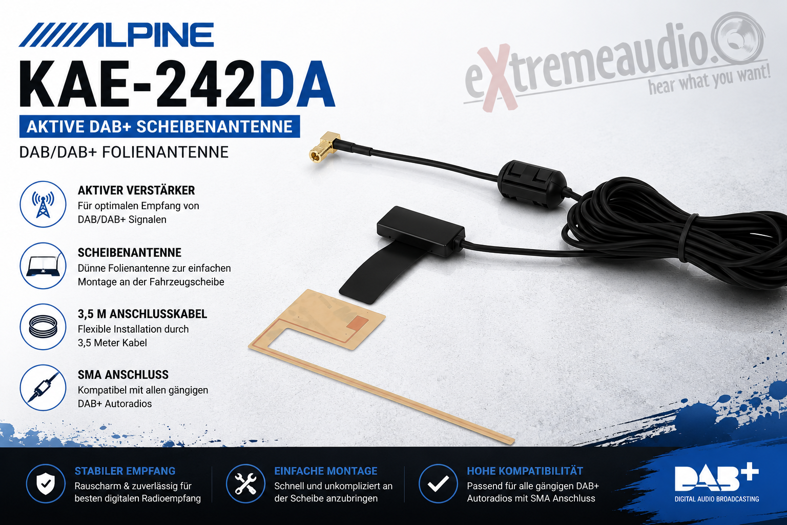Alpine KAE-242DA Aktive DAB+ Scheibenantenne DAB/DAB+ Folienantenne 3,5 m Anschlusskabel