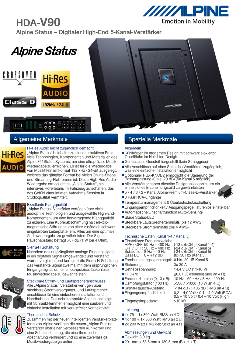 Alpine HDA-V90 5-Kanal Digital Verstärker Alpine Status 900 Watt RMS