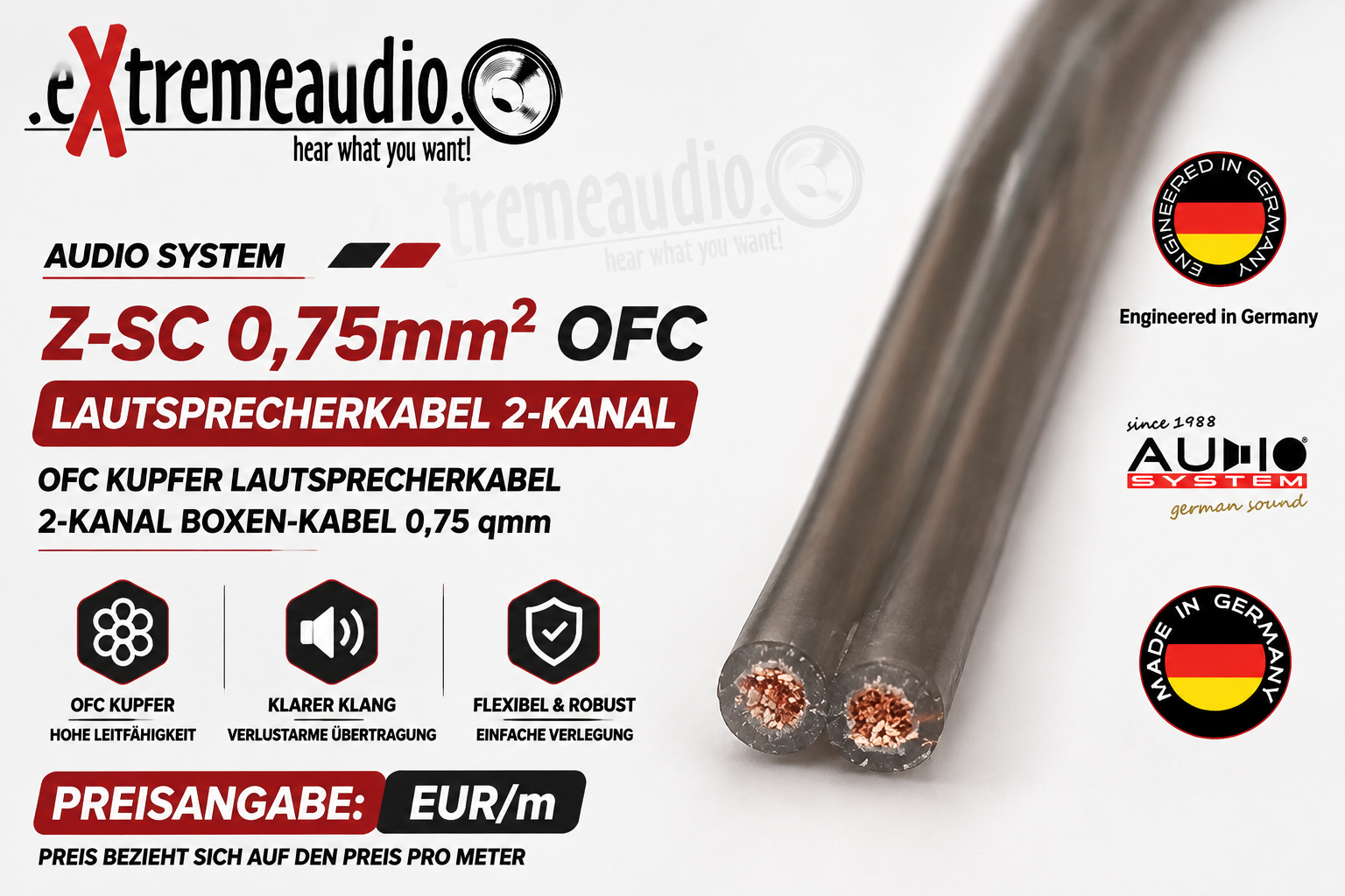 Audio System Z-SC 0,75 mm² OFC Kupfer Lautsprecherkabel 2-Kanal 0,75 qmm Boxen-Kabel