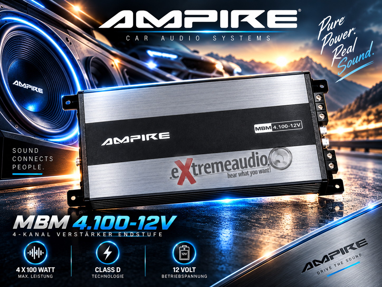 Ampire MBM4.100-12V 4-Kanal Verstärker Endstufe, 4x 100 Watt, Class D, 12 Volt, schwarz