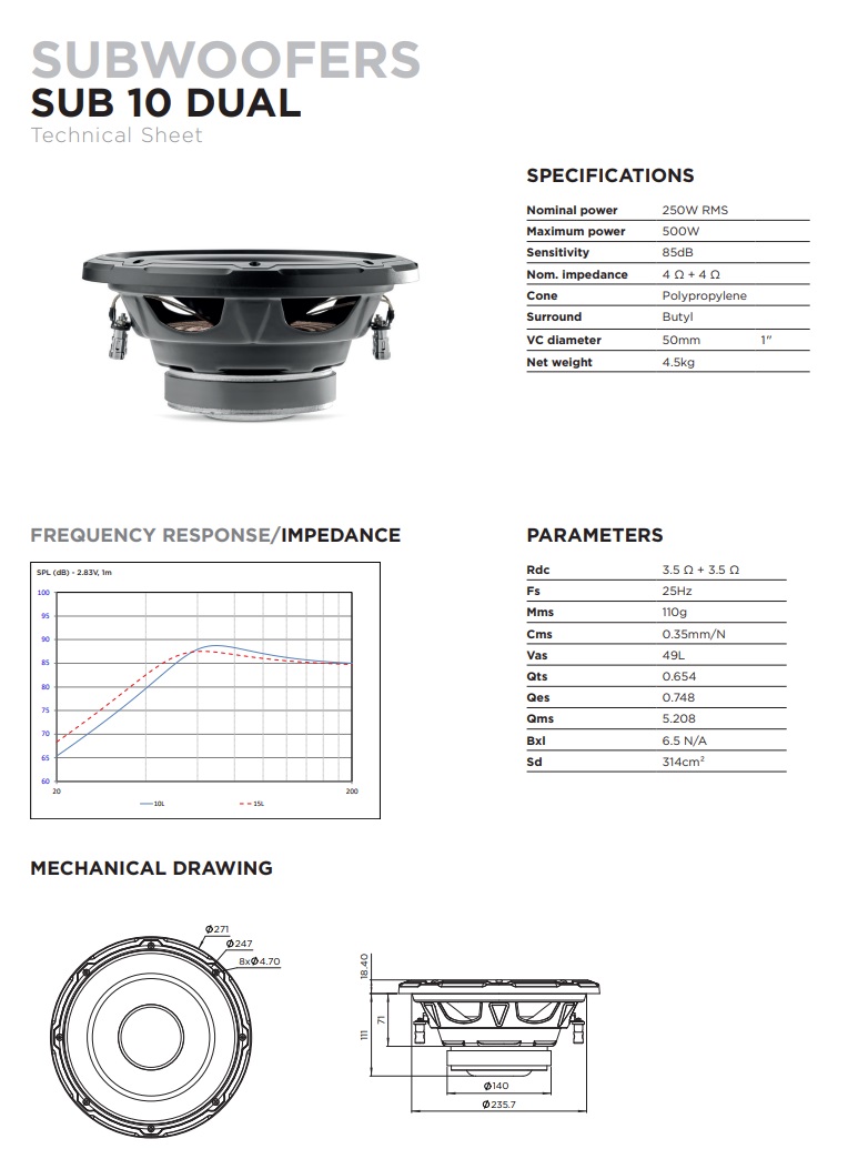 Focal SUB10DUAL Woofer Chassis 25cm (10”) Subwoofer 500 Watt, 4+4 Ohm