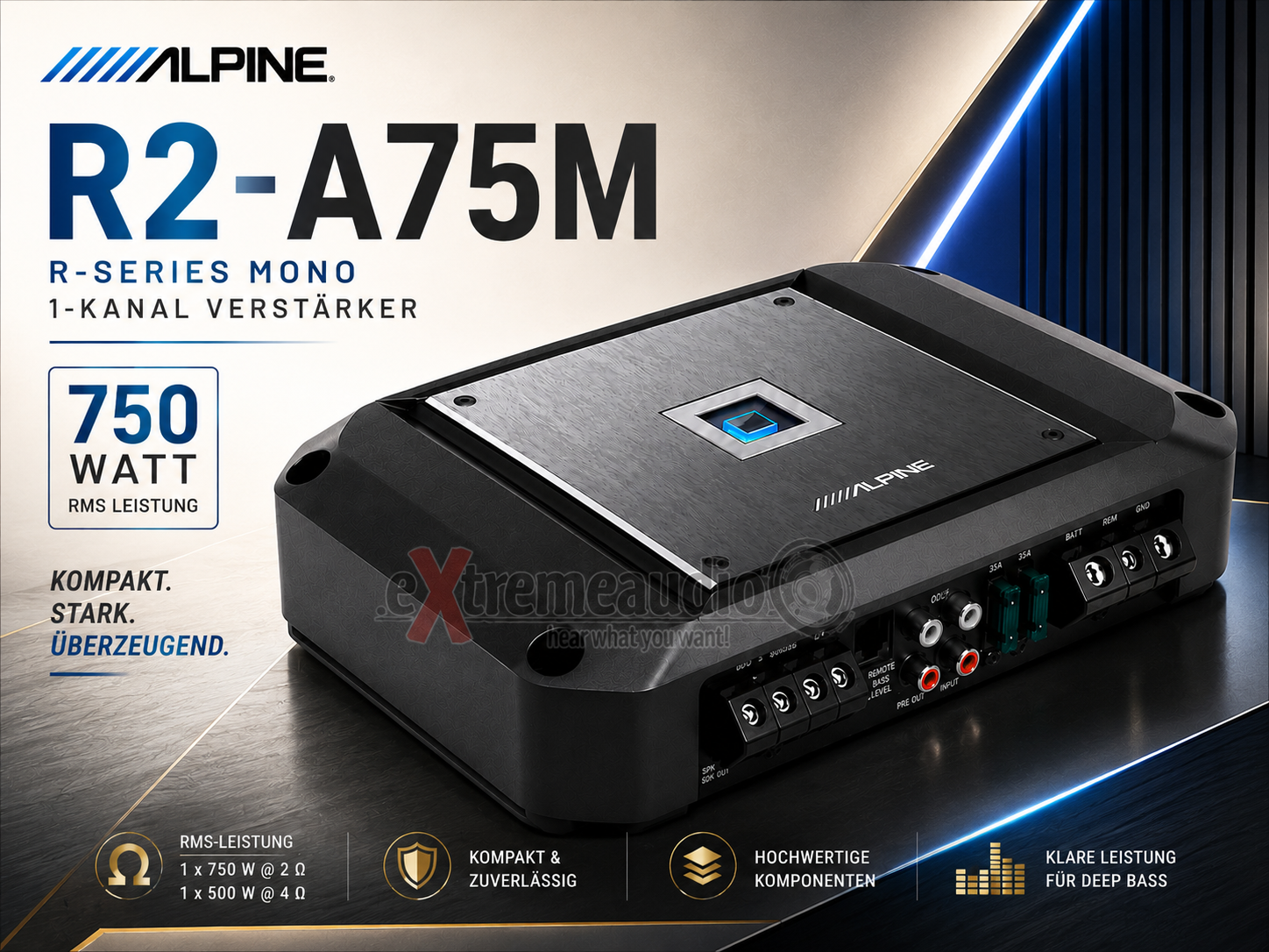 Alpine R2-A75M R-Series Mono 1-Kanal Verstärker RMS Leistung 750 Watt Amplifier