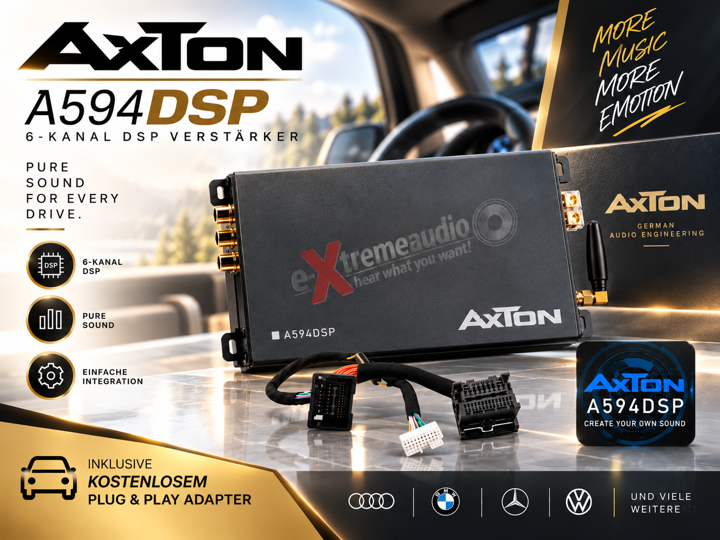 AXTON A594DSP Set Verstärker DSP mit Plug & Play Adapter kompatibel mit Alfa, Audi, BMW, Citroen, Fiat, Ford, Honda, Jeep, Kia, Lancia, Land Rover, Lexus, Mazda, Mercedes, Opel, Peugeot, Renault, Seat, Skoda, Smart, Toyota, Volkswagen, Volvo