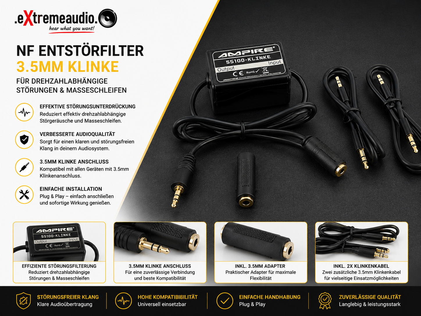 AMPIRE 55100-KLINKE NF Entstörfilter (3.5mm Klinke) für drehzahlabhängige Störungen Masseschleifen