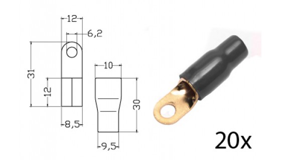 RTA 152.411-2 Serrage anneau terminal isolé, plaqué or, 20x BLACK 20mm² / anneau 4AWG DU 6mm