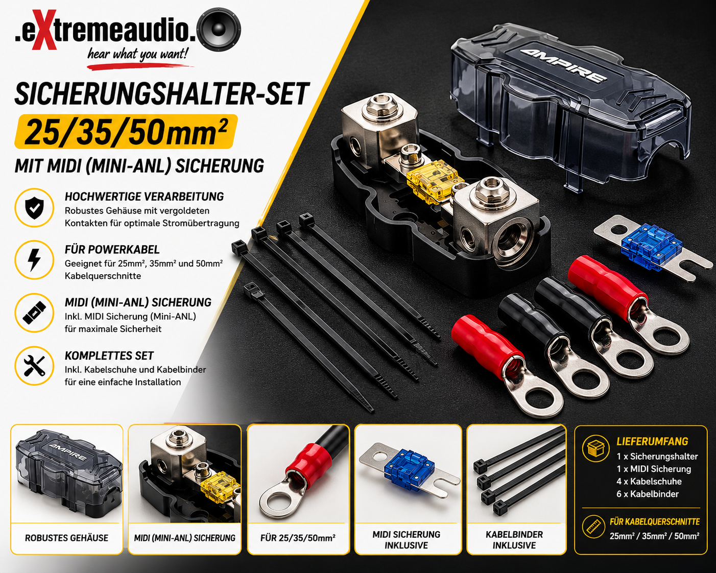 AMPIRE XSP35 Sicherungshalter-Set 25/35/50mm² mit MIDI (Mini-ANL) Sicherung   