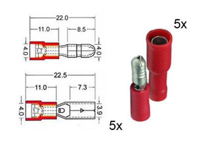 RTA 151.110-0 5 x connecteur rond circulaire et 5 x prise de contacts isolés ensemble de 4mm rouge