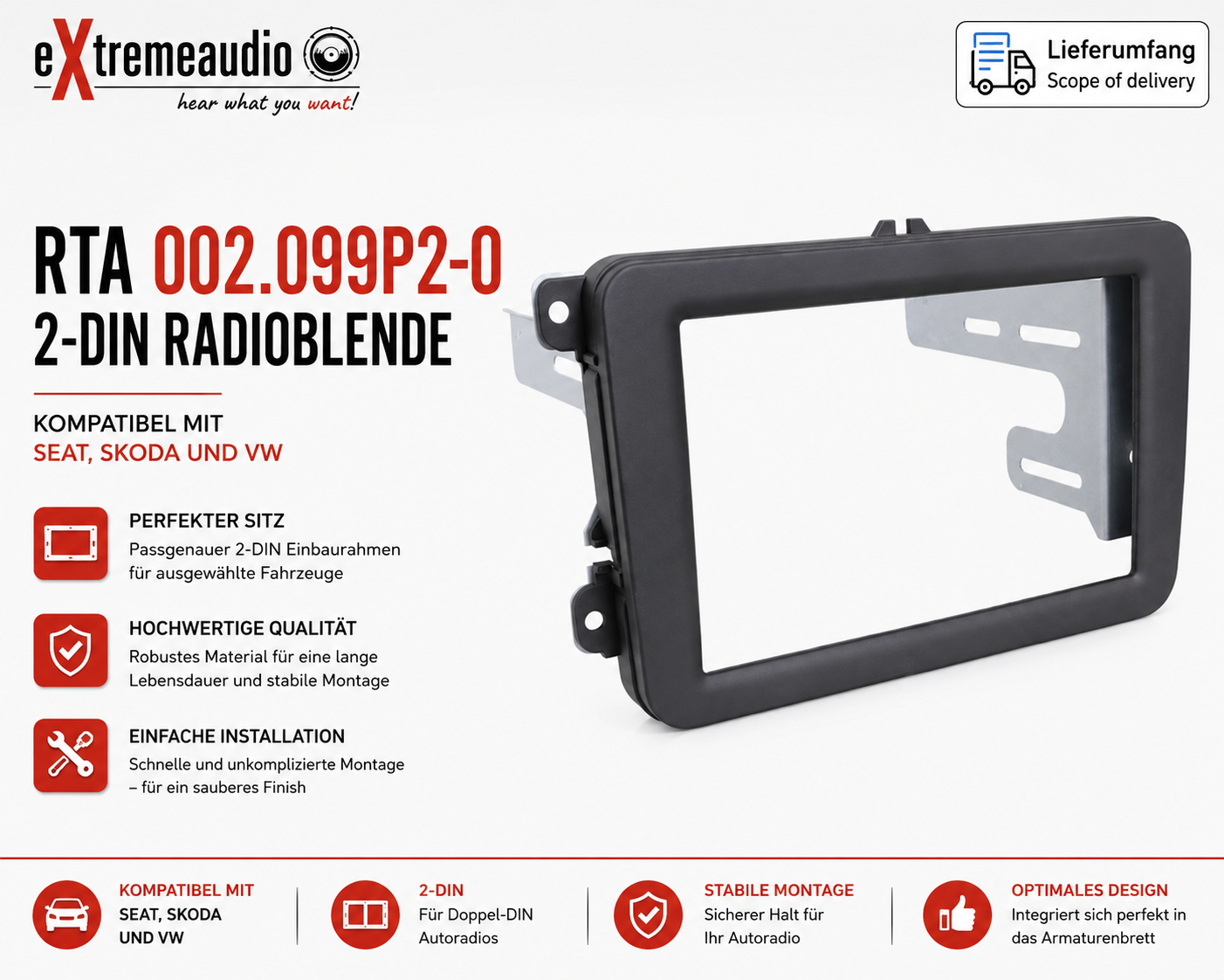 RTA 002.099P2-0 Double DIN Senior bezel Skoda Seat VW Rubber Touch and headband