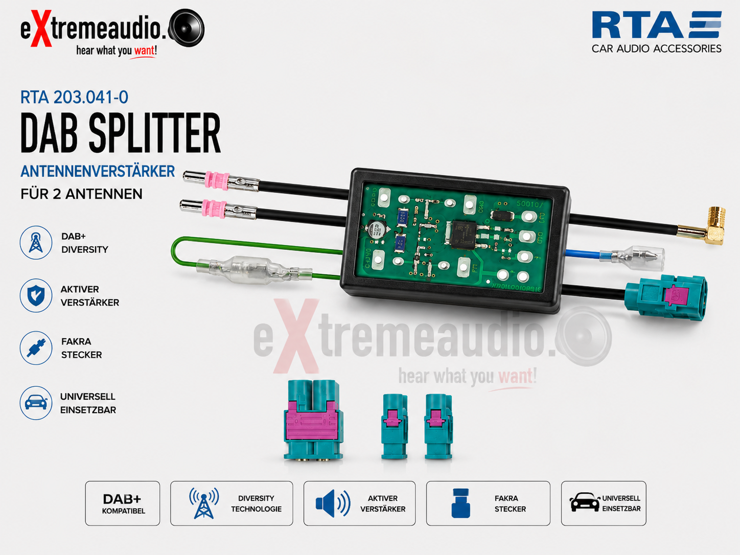 RTA 203.041-0 DAB Splitter Universal Antennenverstärker für 2 Antennen mit FAKRA Stecker - Antennen Diversity Antennensplitter Antennen Adapter Stecker DAB+ Antennen Splitter