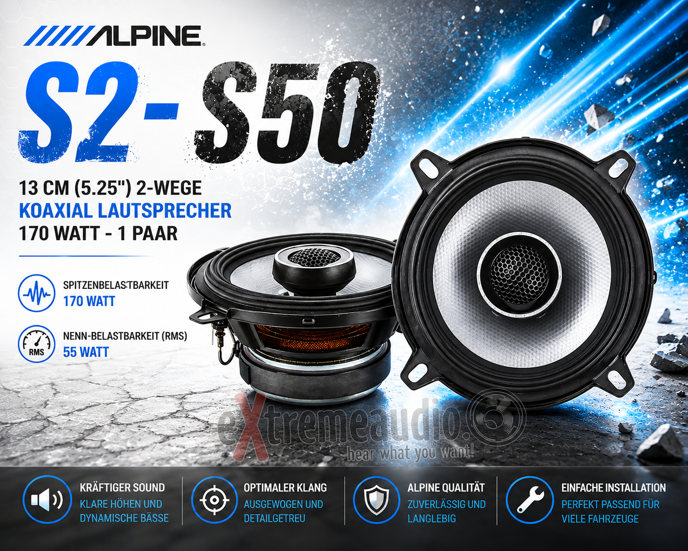 Alpine S2-S50 13 cm (5.25") 2-Wege Koaxial Lautsprecher 170 Watt - 1 Paar S-Series