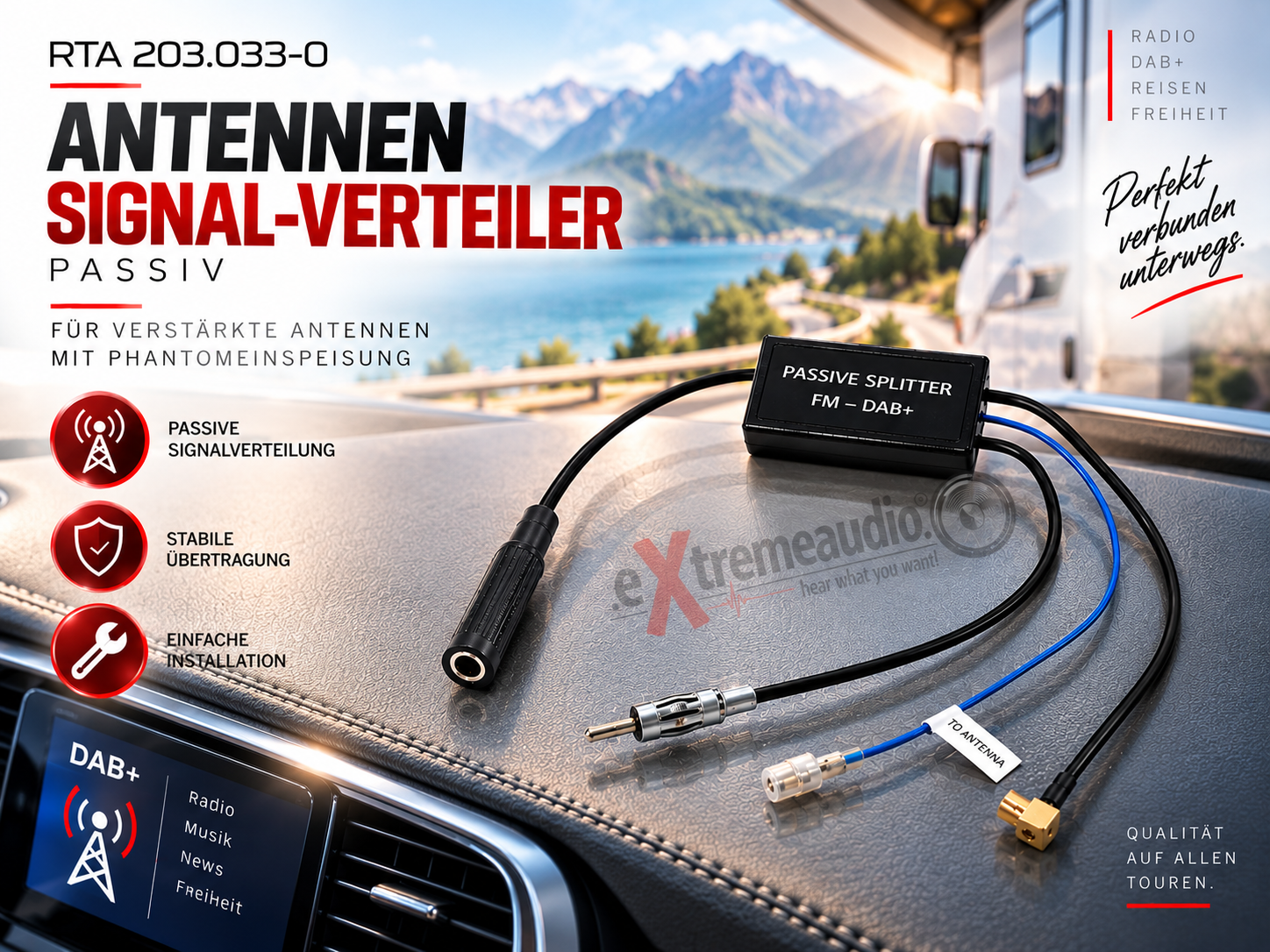 RTA 203.033-0 Antennensignal-Verteiler passiv - für verstärkte Antennen mit Phantomeinspeisung AM/FM und DAB