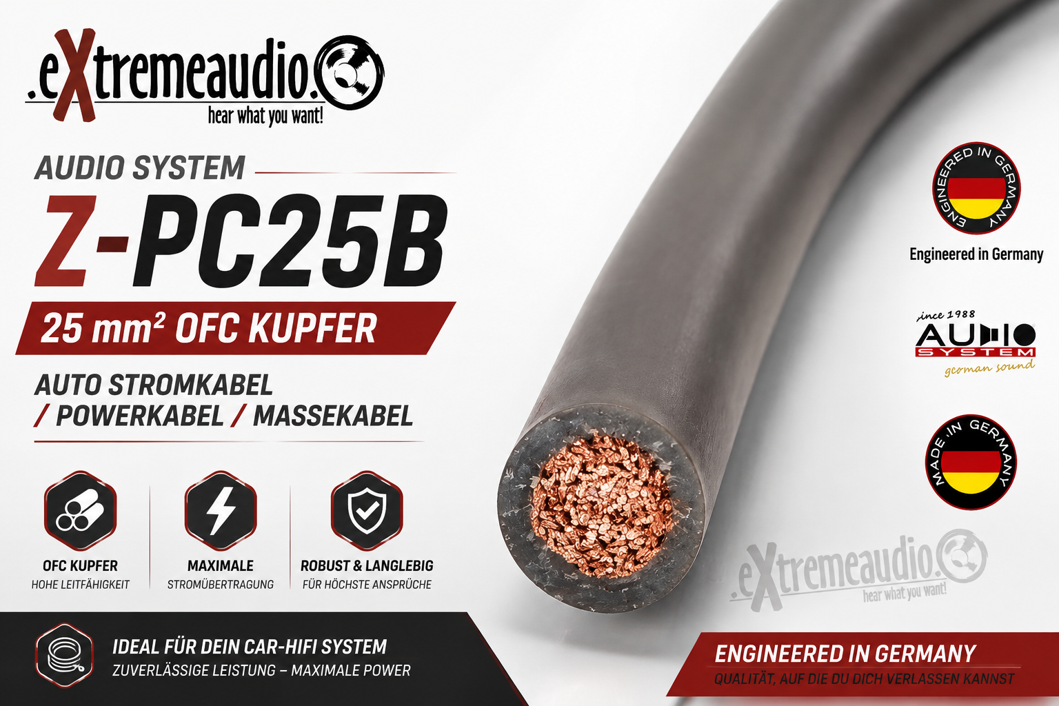 Audio System Z-PC25B 25mm² OFC Kupfer Stromkabel Powerkabel 25qmm - meterpreis
