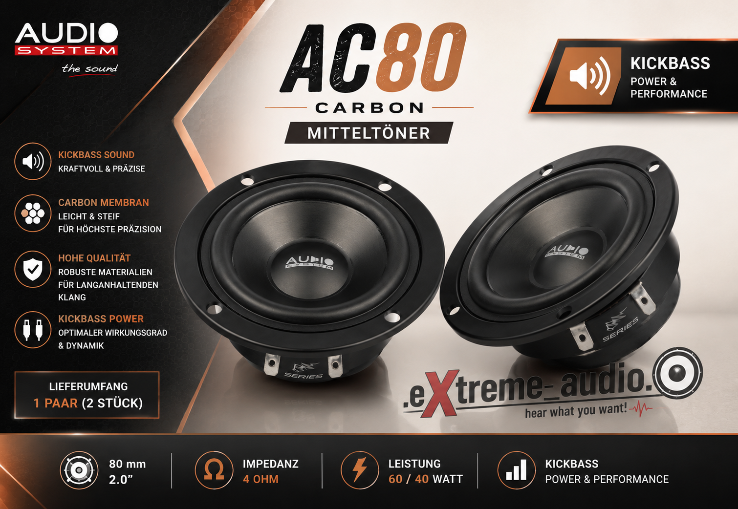 Audio System AC80 CARBON Mitteltöner 80mm Lautsprecher 60 Watt - 1 Paar