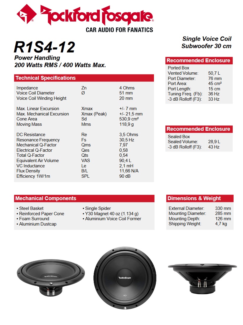 Rockford Fosgate R1S4-12 Subwoofer Prime R1 S Series 30 cm (12") 200 Watt RMS 