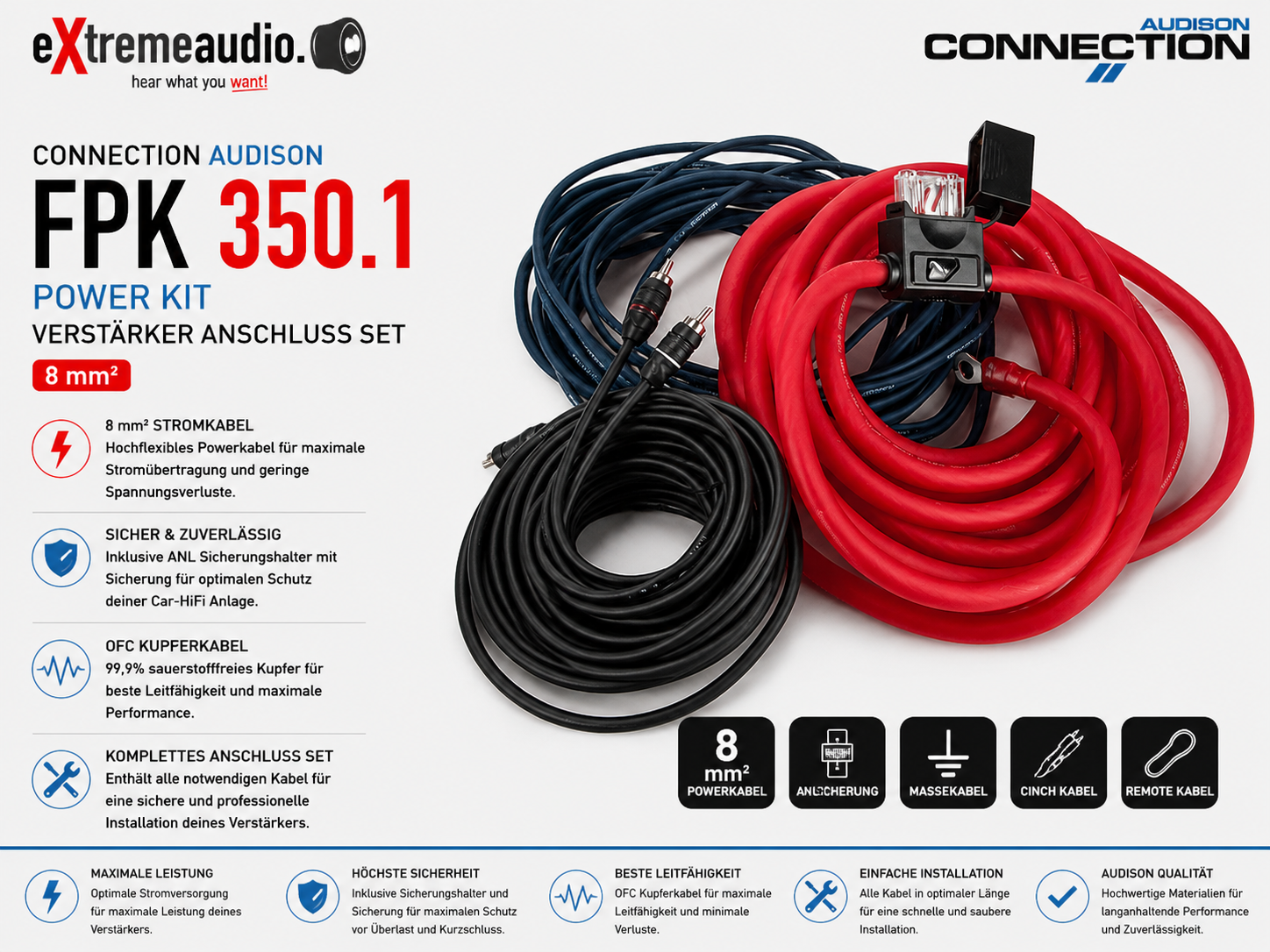 Connection Audison FPK 350.1 POWER KIT Kabelset Verstärker Anschluß Set 8 mm² 