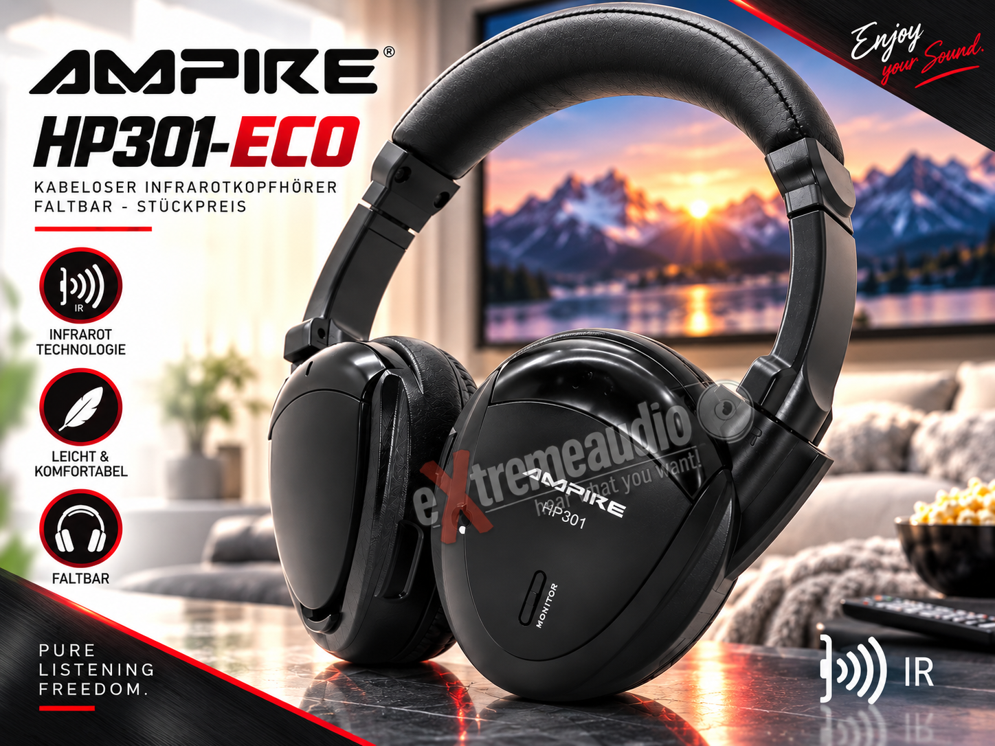 AMPIRE HP301-ECO kabeloser Infrarotkopfhörer, faltbar - Stückpreis