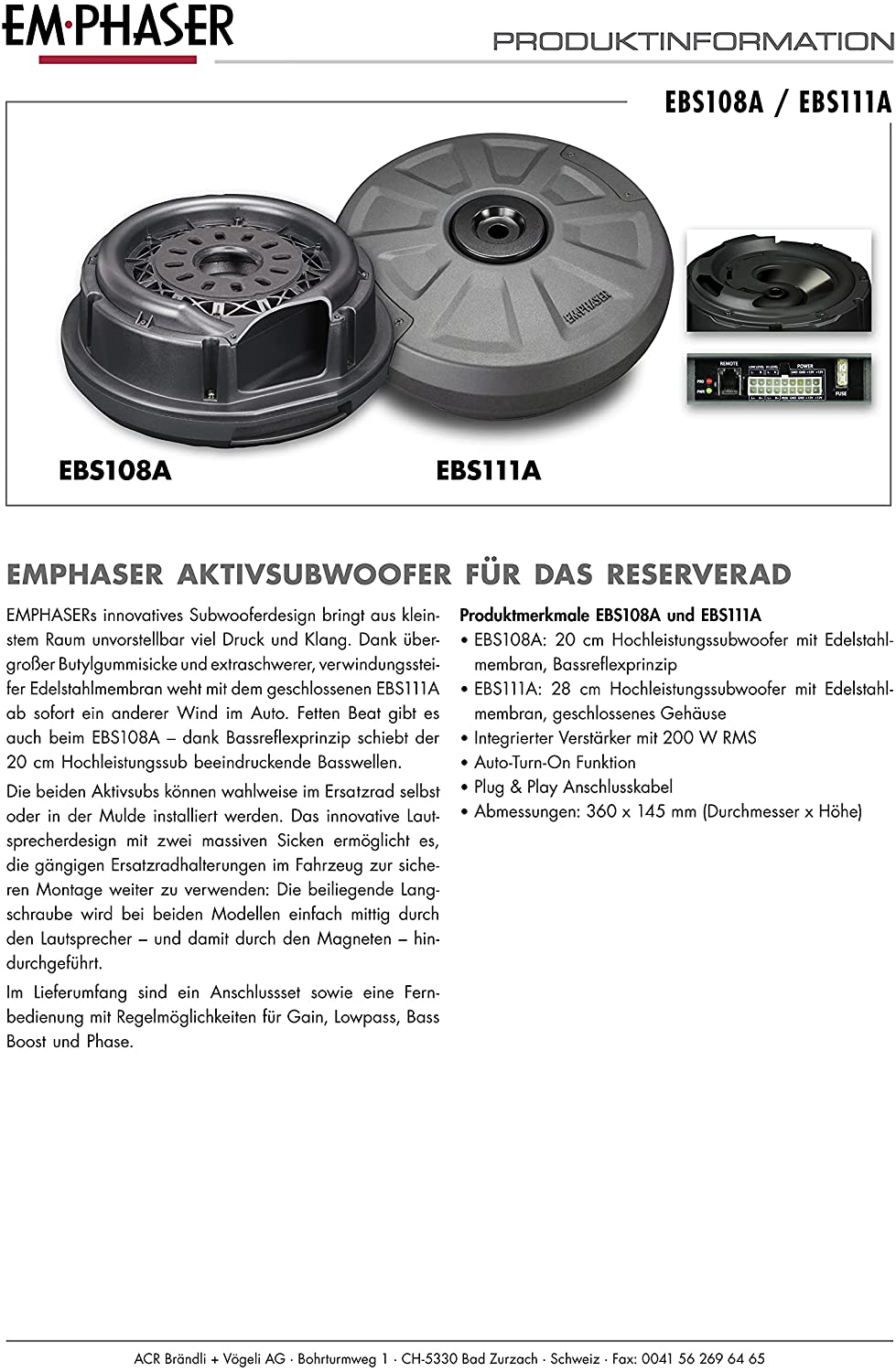 EMPHASER EBS111A Aktiv-Subwoofer 1 x 28 cm geschlossen Reserverad Subwoofer