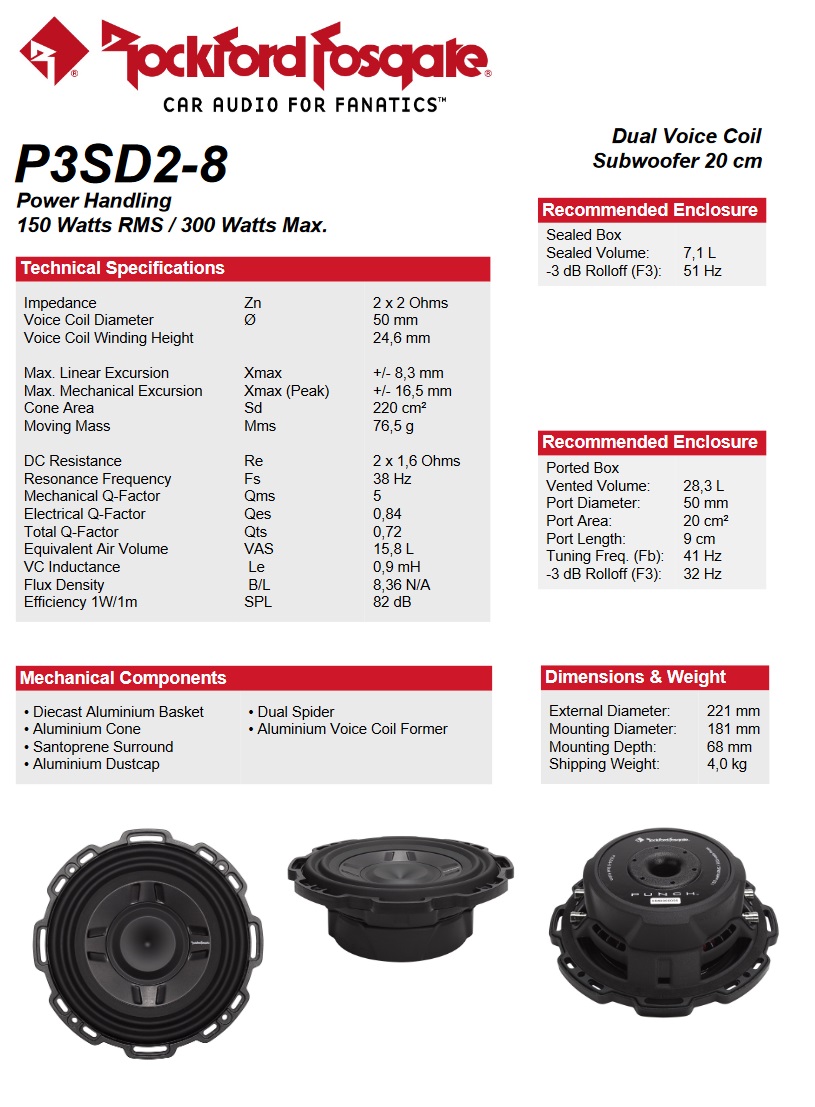 Rockford Fosgate P3SD2-8 Subwoofer flach Slim Punch P3S Series 20 cm (8") 150 Watt RMS 