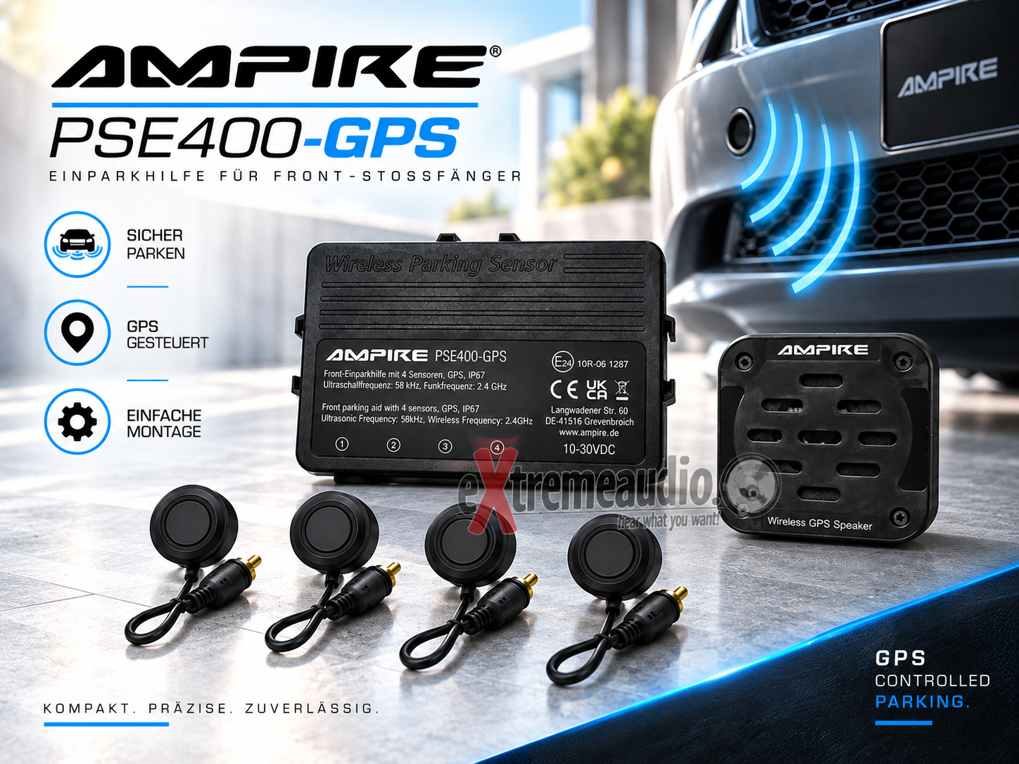 AMPIRE PSE400-GPS Einparkhilfe für Front-Stossfänger, GPS gesteuert, Schwarz matt, Einbau-Montage