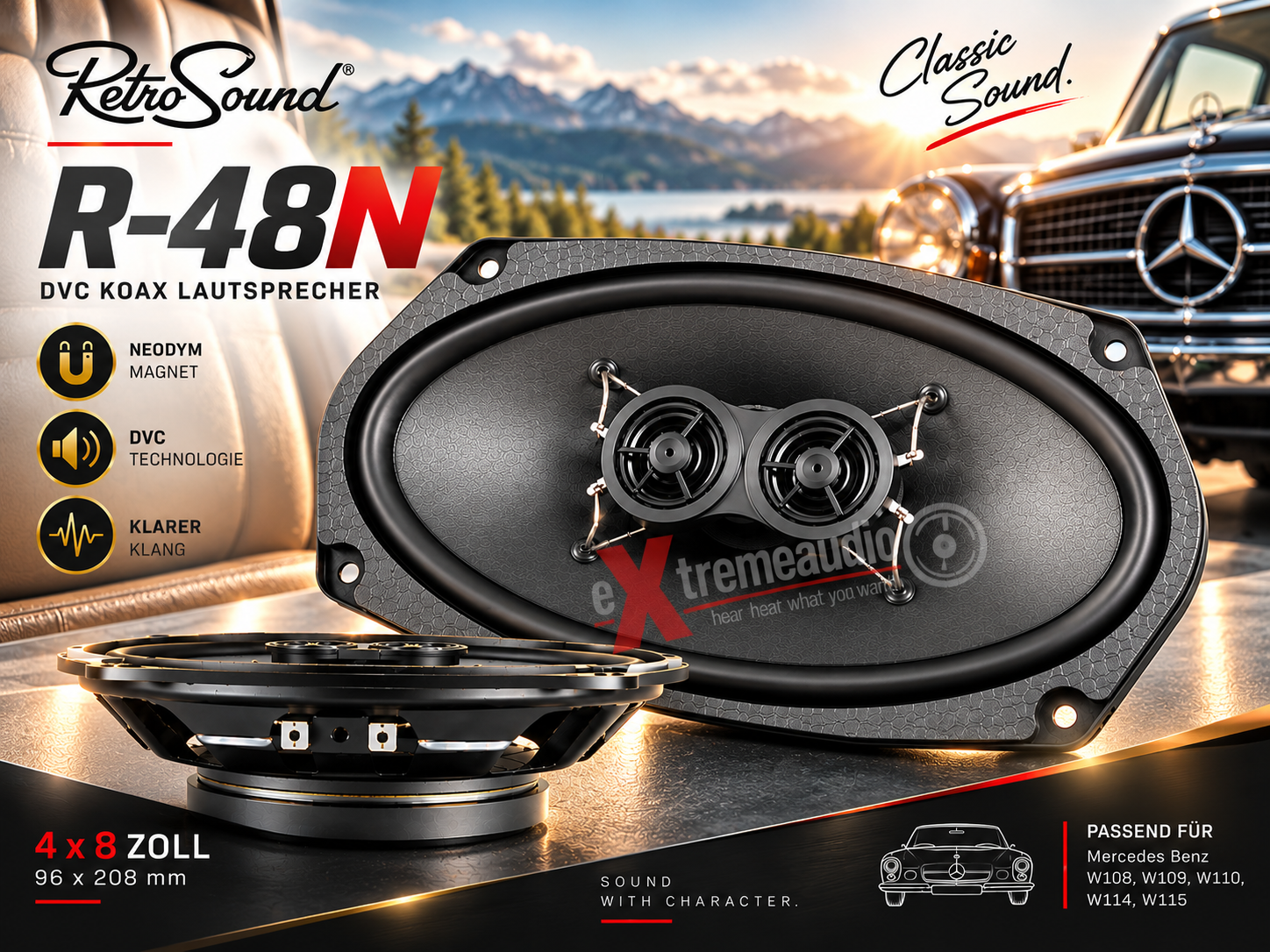 RETROSOUND R-48N DVC Koax Lautsprecher 4 x8 Zoll, 96x208mm (Stück), Neodym - Stückpreis passend für Oldtimer, Mercedes Benz W108, W109, W110, W114, W115