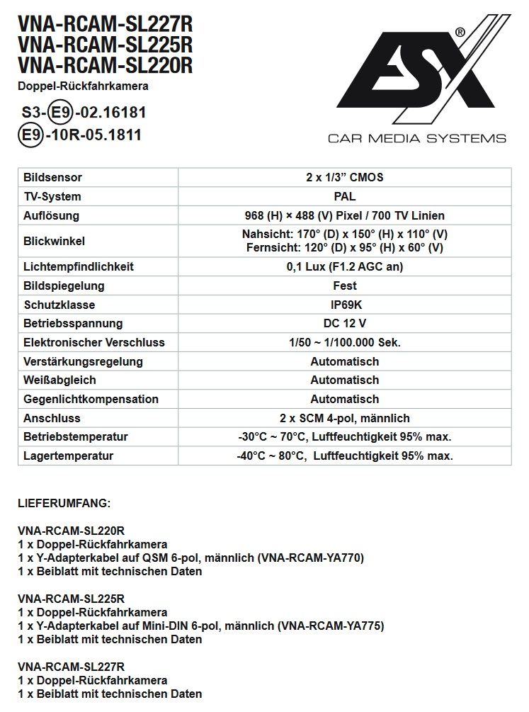 ESX VNA-RCAM-SL220R Doppel Rückfahrkamera kompatibel mit Sunlight, Carado, Etrusco Reisemobile, Camper